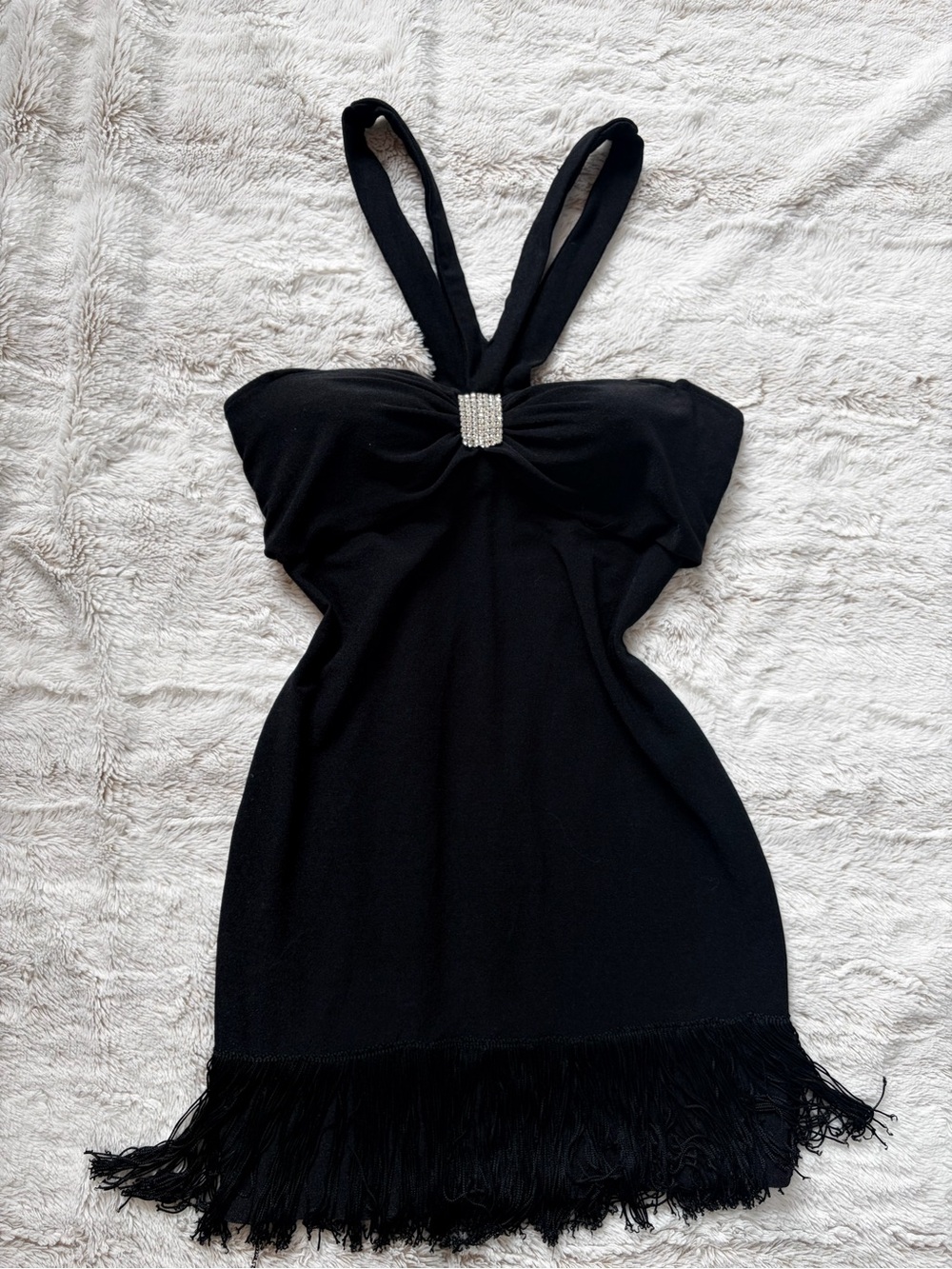 🖤 Vintage 80s 90s ‘Climax’ Black Rhinestone Fringe Built In Bra Mini Party Dress